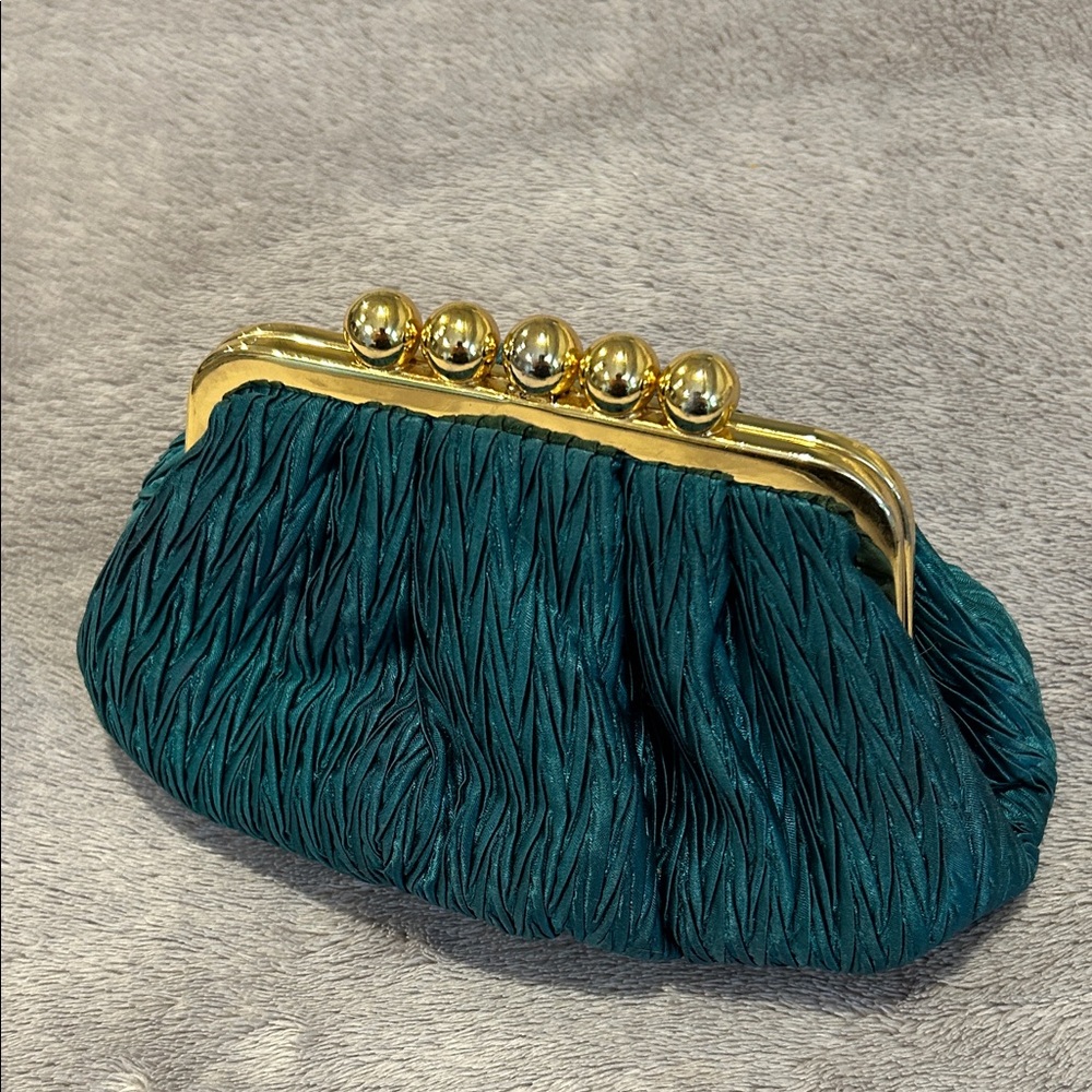 Teal Ruched Satin Clutch with Gold Frame and Orb Clasp